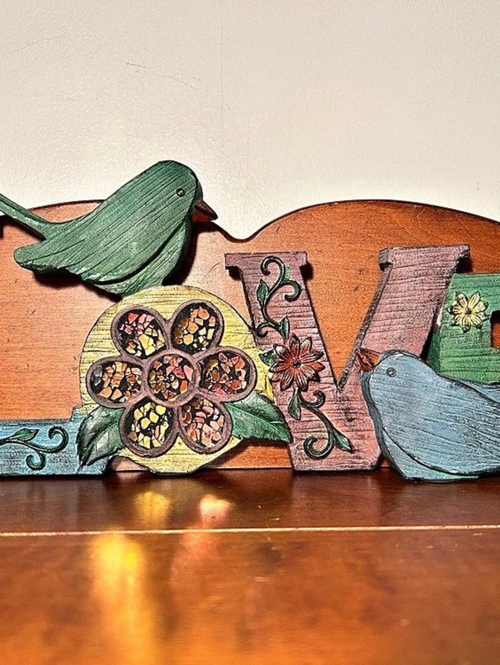 Heavy Painted Love Decor with Birds, Flowers, Mosaic Glass Tile Design 13.25” w